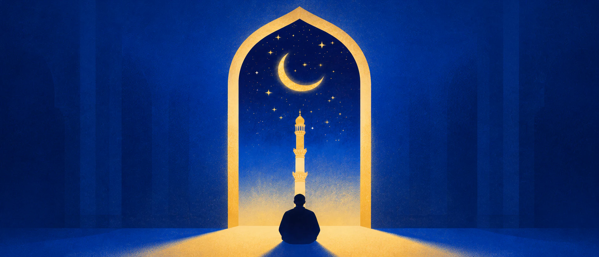 An illustrated archway opening onto a night sky with a crescent moon and a minaret